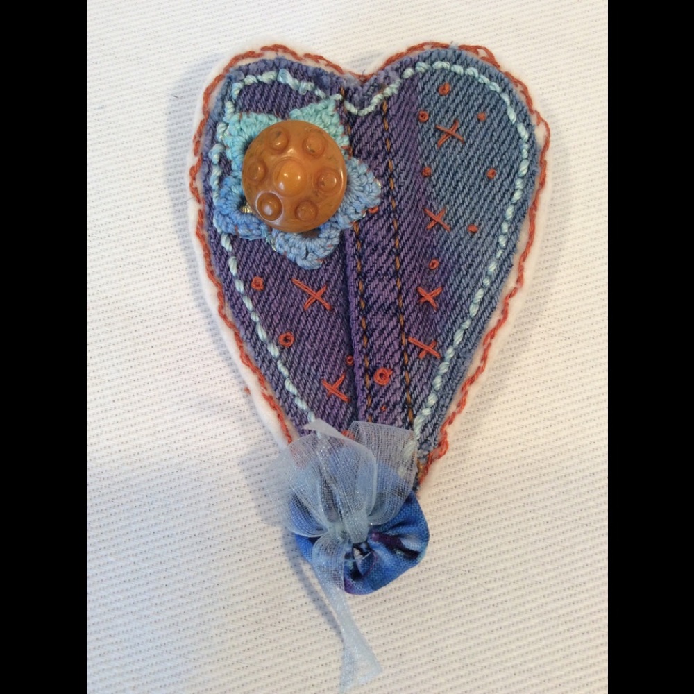 Upcycled hand dyed jean pin brooch